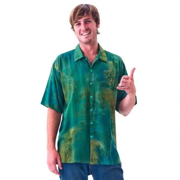 Man wearing green Hawaiian batik aloha shirt