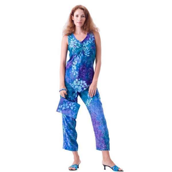 Woman wearing blue tropical batik pant set