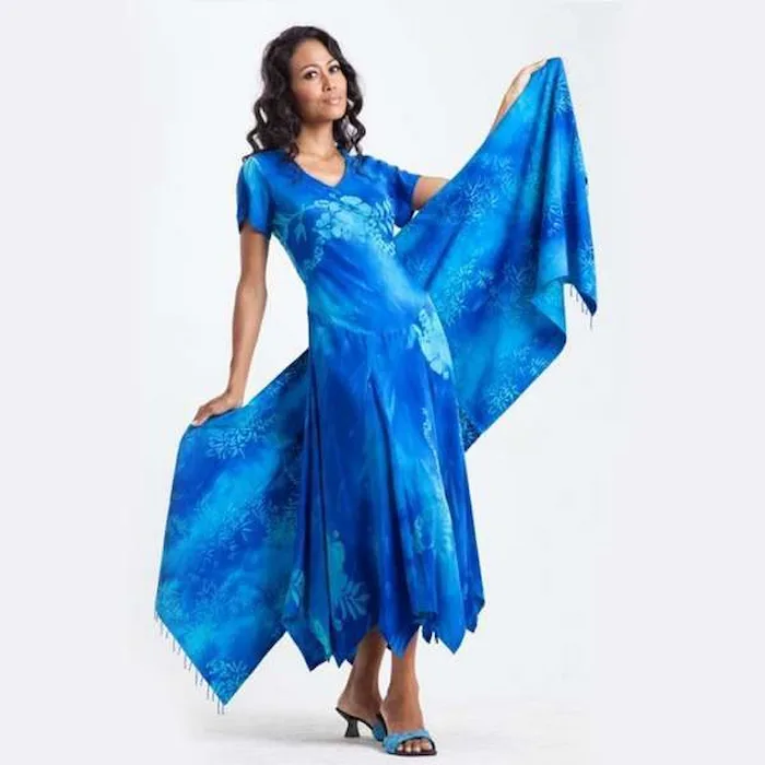 Blue tropical batik long dress for women in Hawaiian resort style