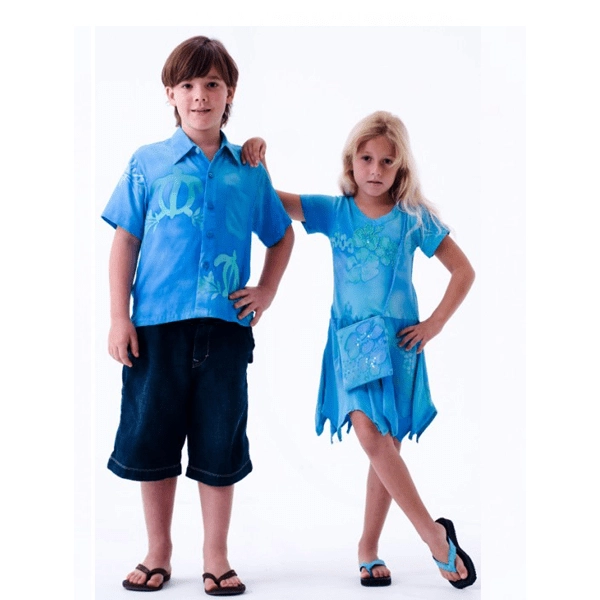 Boy and girl wearing blue tropical batik children's clothing
