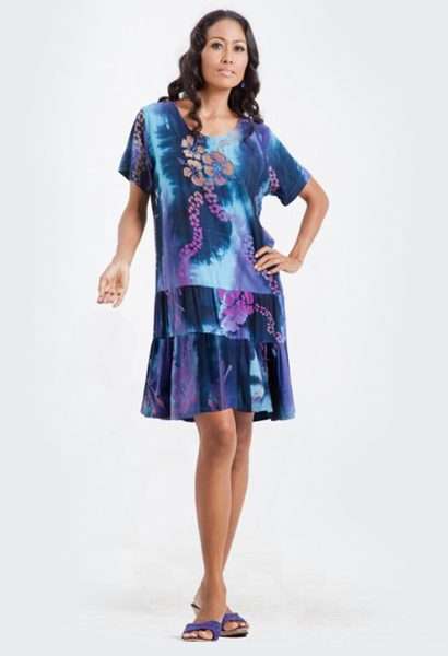 Beachy Keen Curvy Fit Hawaiian Dress with flounce hem and tropical batik print