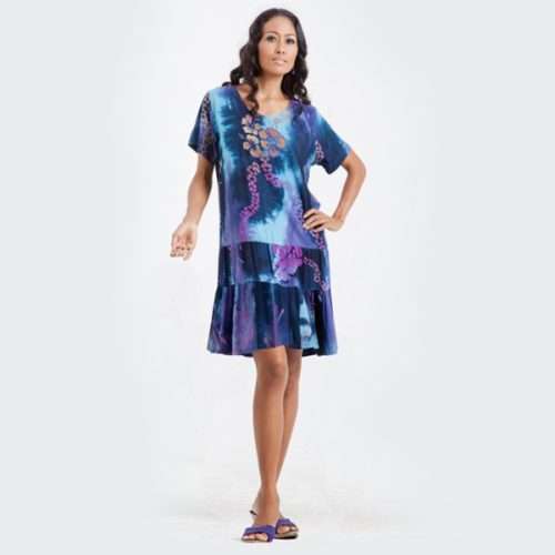 Beachy Keen Curvy Fit Hawaiian Dress with flounce hem and tropical batik print