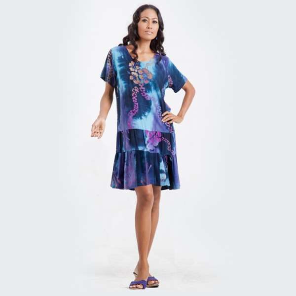 Beachy Keen Curvy Fit Hawaiian Dress with flounce hem and tropical batik print