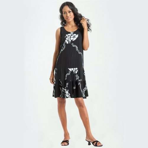 Woman wearing Hanalei Tank Hawaiian Dress in black tropical print