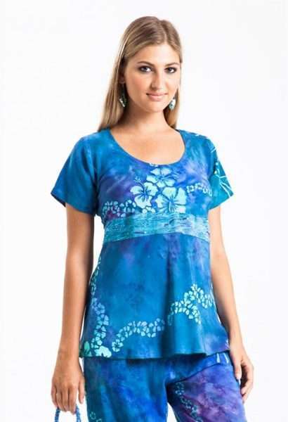 Woman wearing blue floral printed blouse