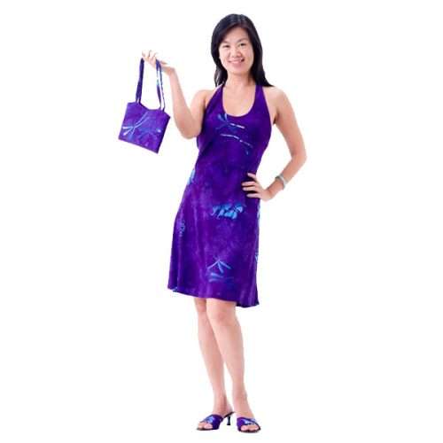 Maui Sunset Hawaiian Halter Dress in purple tropical batik