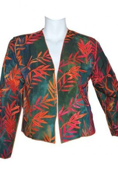 Colorful leaf-patterned jacket on mannequin