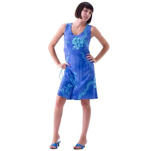 Woman wearing blue Hanalei Breeze Short Tank Dress in tropical batik