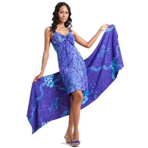 Woman wearing purple beaded Hanalei spaghetti strap Hawaiian dress with matching batik sarong