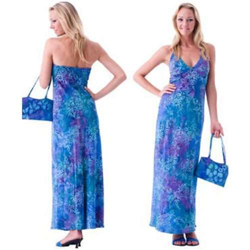 Woman in blue floral dress with matching bag