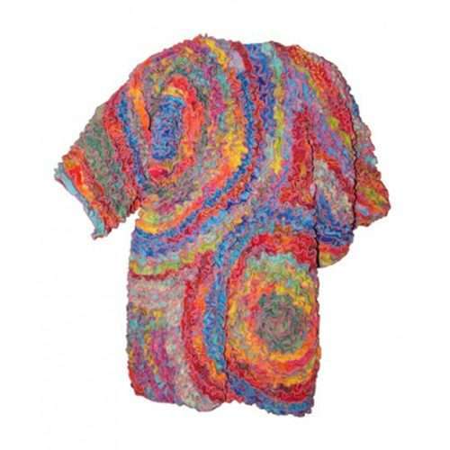 Colorful crocheted sweater on white background