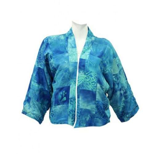 Blue batik print jacket on mannequin