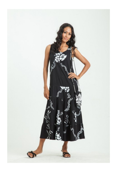 Hawaiian sheath tank dress with hand-painted black and white batik artwork