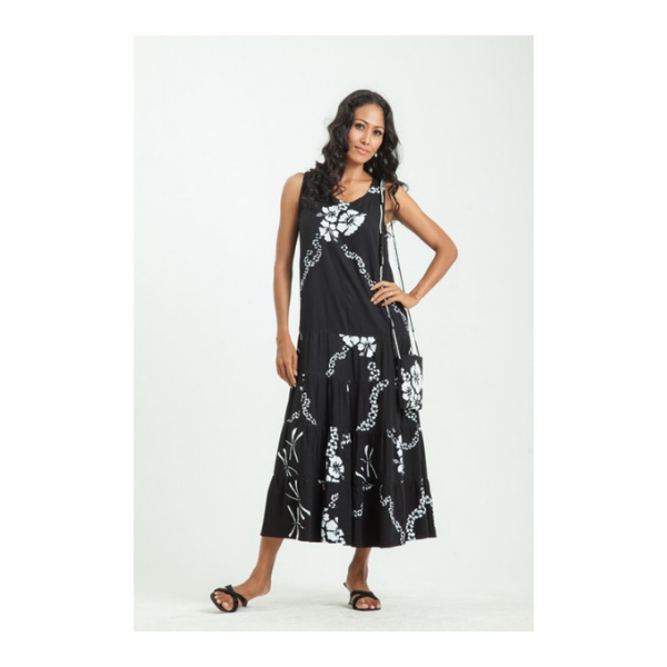 Hawaiian sheath tank dress with hand-painted black and white batik artwork