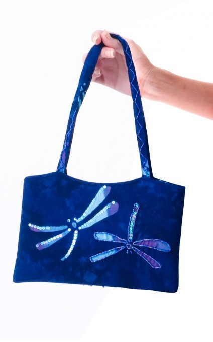 Blue beaded batik handbag with light blue dragonfly design