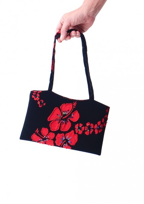 Black beaded batik handbag with red tropical floral design