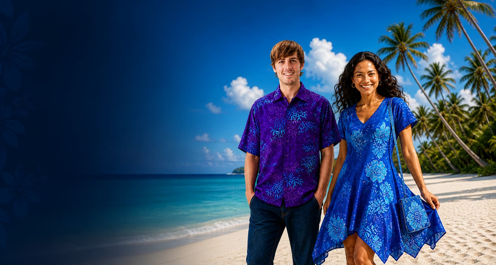 Woman wearing blue hand-painted batik dress on tropical Hawaii beach