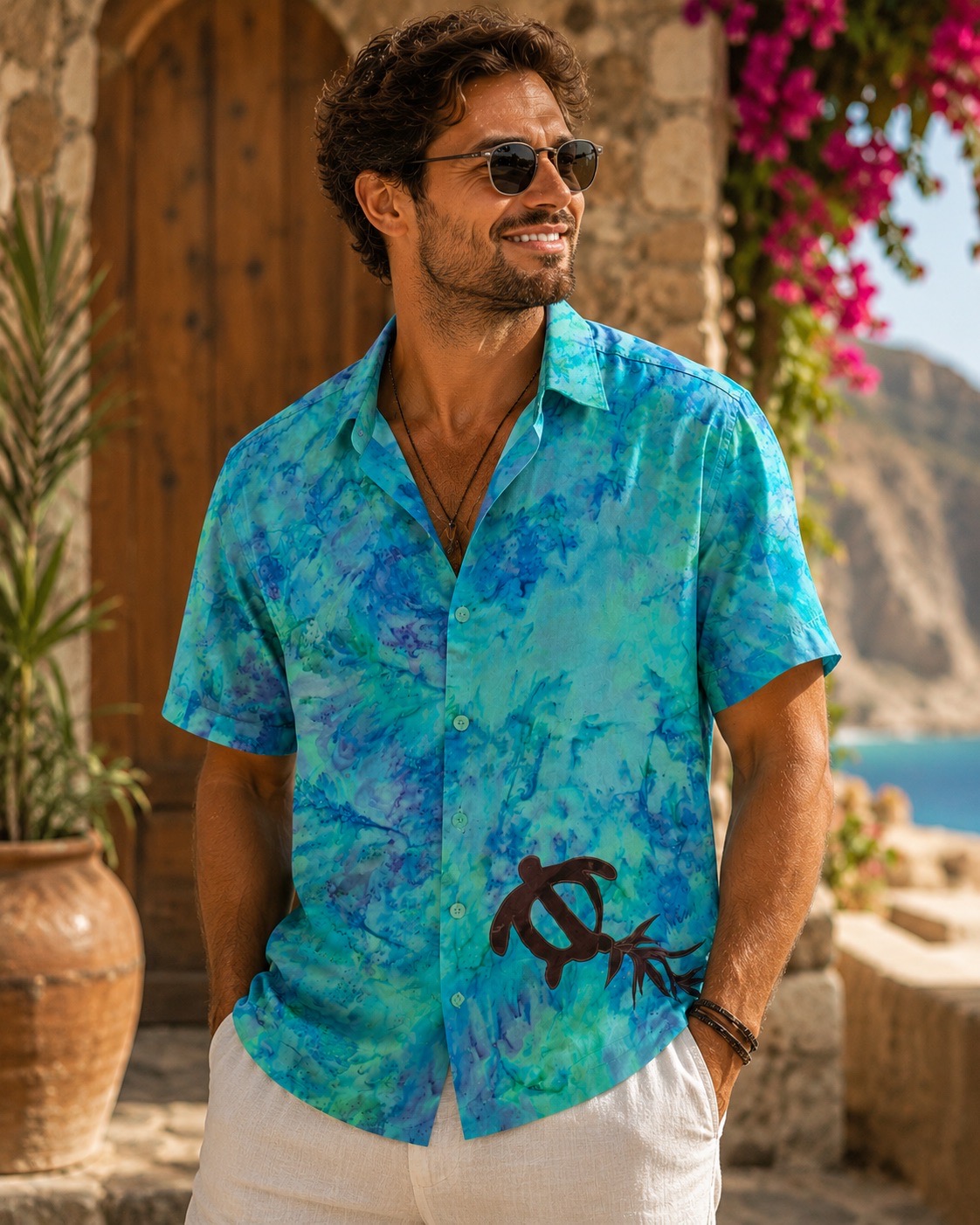 Men's Hawaiian Aloha Shirts | Tropical Tantrum Kauai Men's Hawaiian Aloha Shirts inspired by Kauai featuring a blue tropical batik shirt designed for island living, vacations, and resort wear
