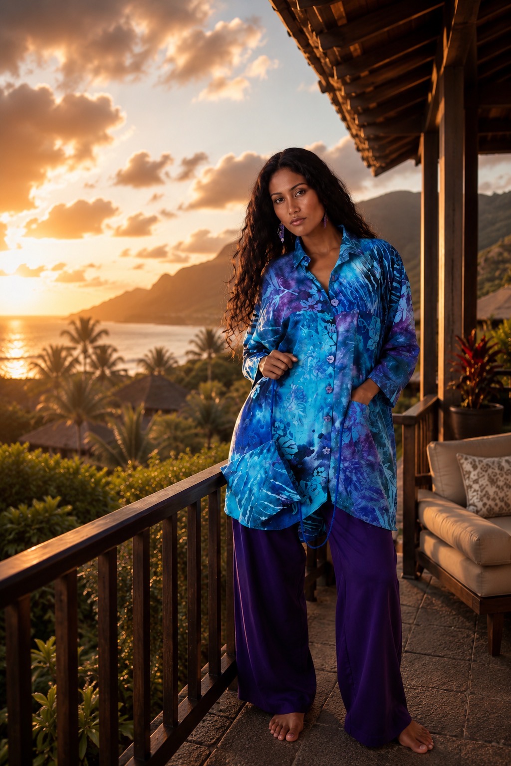 Women's Hawaiian Resort Blouses | Tropical Tantrum Kauai Women's Hawaiian Resort Blouses inspired by Kauai featuring a blue tropical batik blouse paired with island resort wear pants