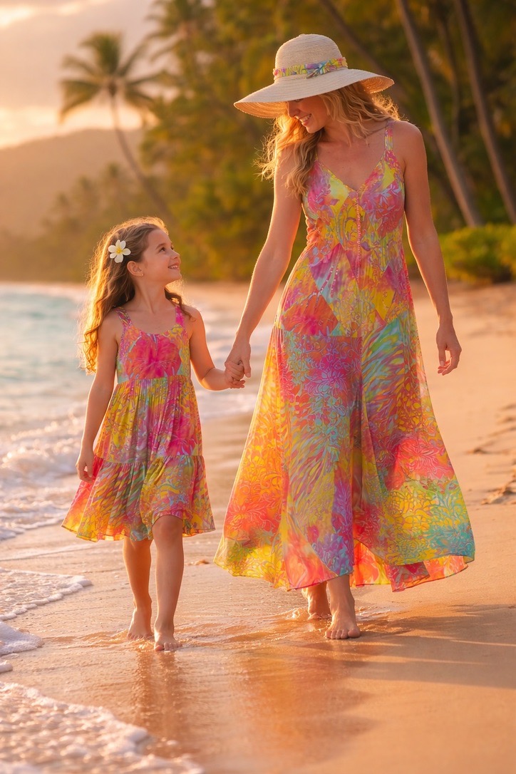 Keiki Hawaiian Clothing | Tropical Tantrum Kauai Keiki Hawaiian Clothing inspired by Kauai featuring a mother and daughter wearing colorful tropical batik dresses on a Hawaiian beach