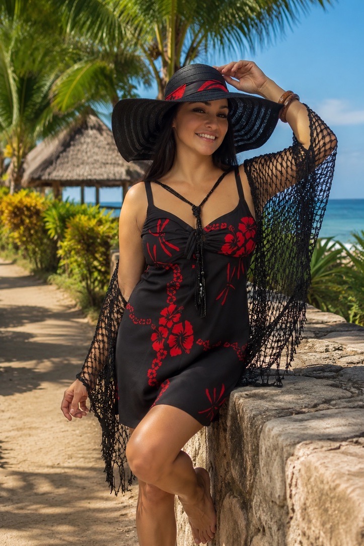 Women's Hawaiian Short Dresses | Tropical Tantrum Kauai Women's Hawaiian Short Dresses inspired by Kauai featuring a black and red tropical batik sundress for beach vacations and island style